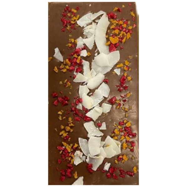 Tableta chocolate con leche con coco, frambuesa y fruta de la pasión