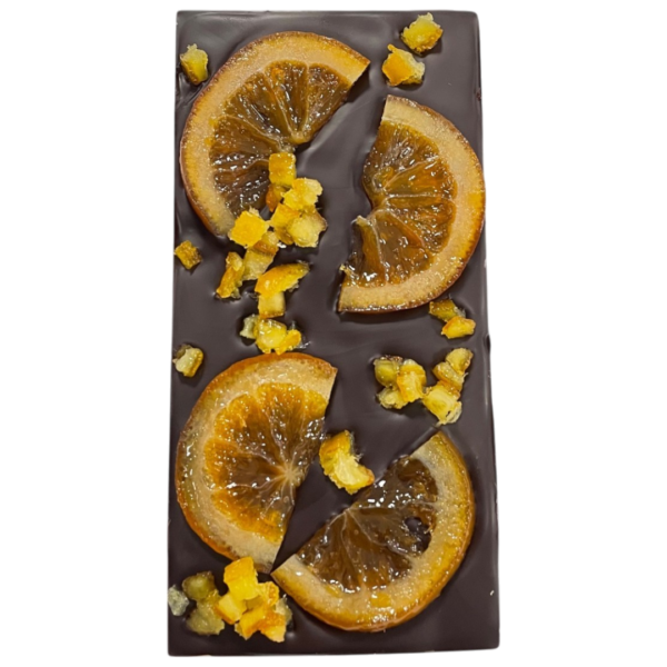 Tableta chocolate negro 80% con lunas de naranja confitada